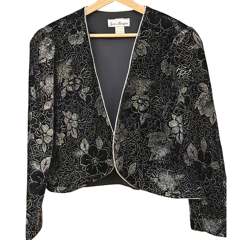 Vintage Jeri Marque Velvet Bolero Jacket Evening Glam Floral Shrug Old Hollywood